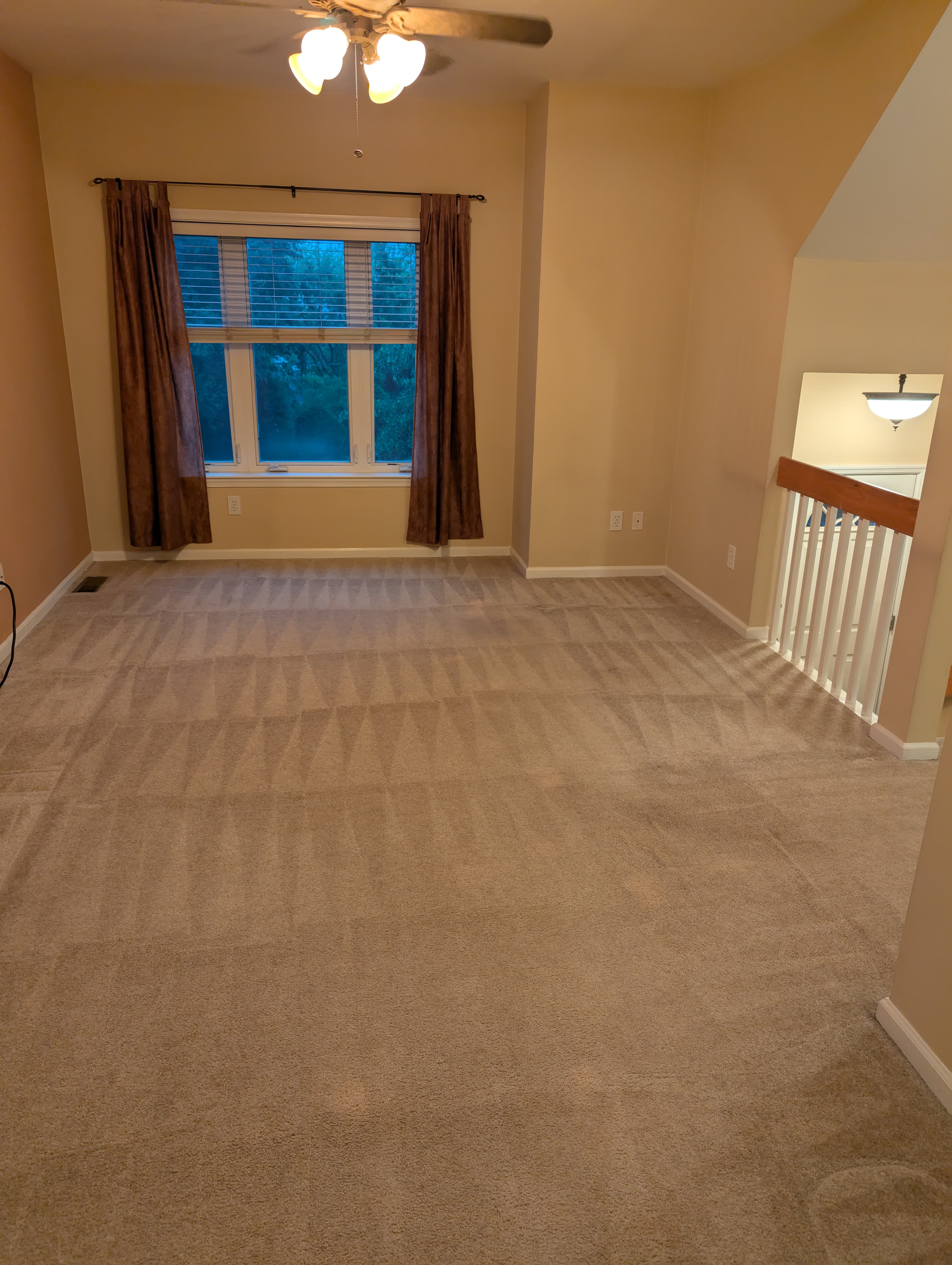 Bedroom with curtained window and cleaned beige carpet