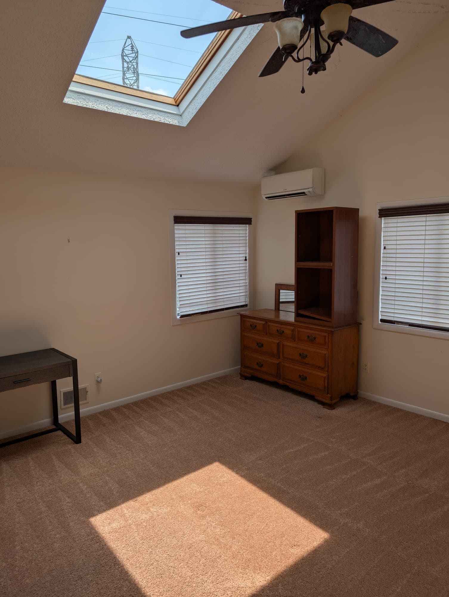Empty bedroom with vaulted ceiling, skylight and freshly cleaned beige carpet after pet stain treatment