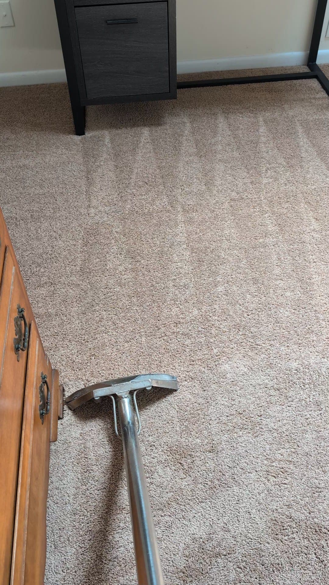 Stainless hot-water-extraction wand mid-stroke on carpet, the steam-cleaning method up close
