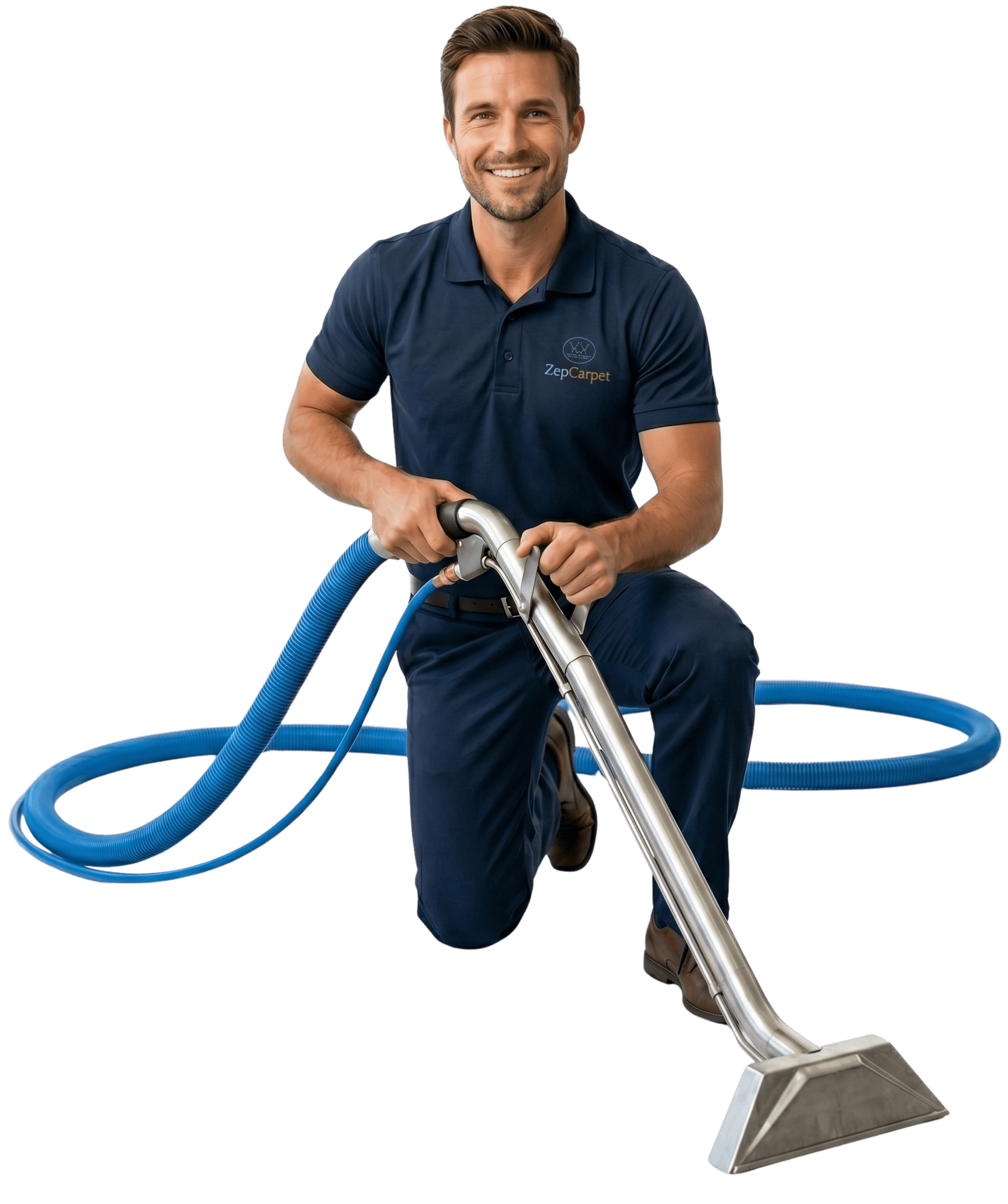 Dan's crew member kneeling with a stainless steel carpet extraction wand, blue truck-mount hose coiled behind — Zep Carpet Cleaning of Lyndhurst NJ