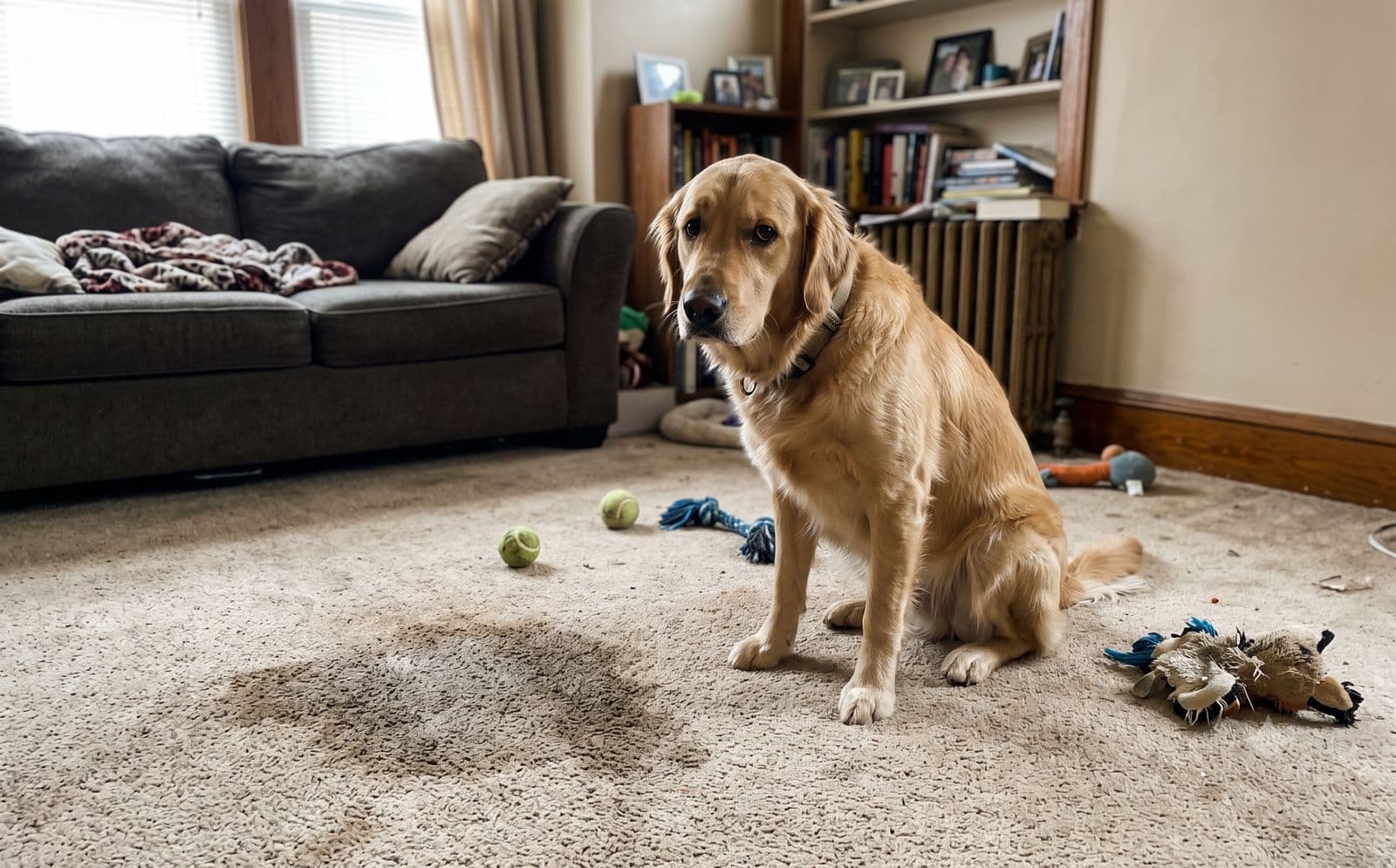 Guilty-looking golden retriever sitting beside a fresh urine stain on beige living room carpet, dog toys scattered around